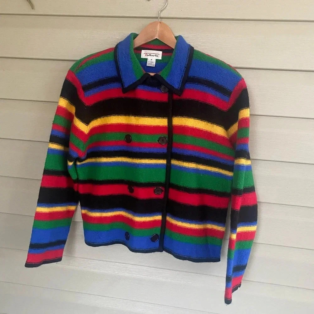 TALBOTS 90s vintage wool sweater rainbow striped peacoat cardigan sz M